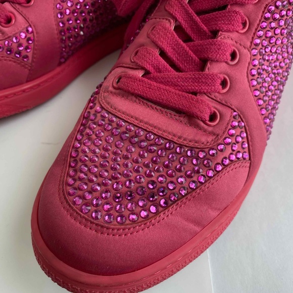 GUCCI PINK FUSCHIA LEATHER FAUX DIAMOND ACCENT LACED HI-CUT SNEAKERS RUBBER 37-7 - Picture 3 of 10